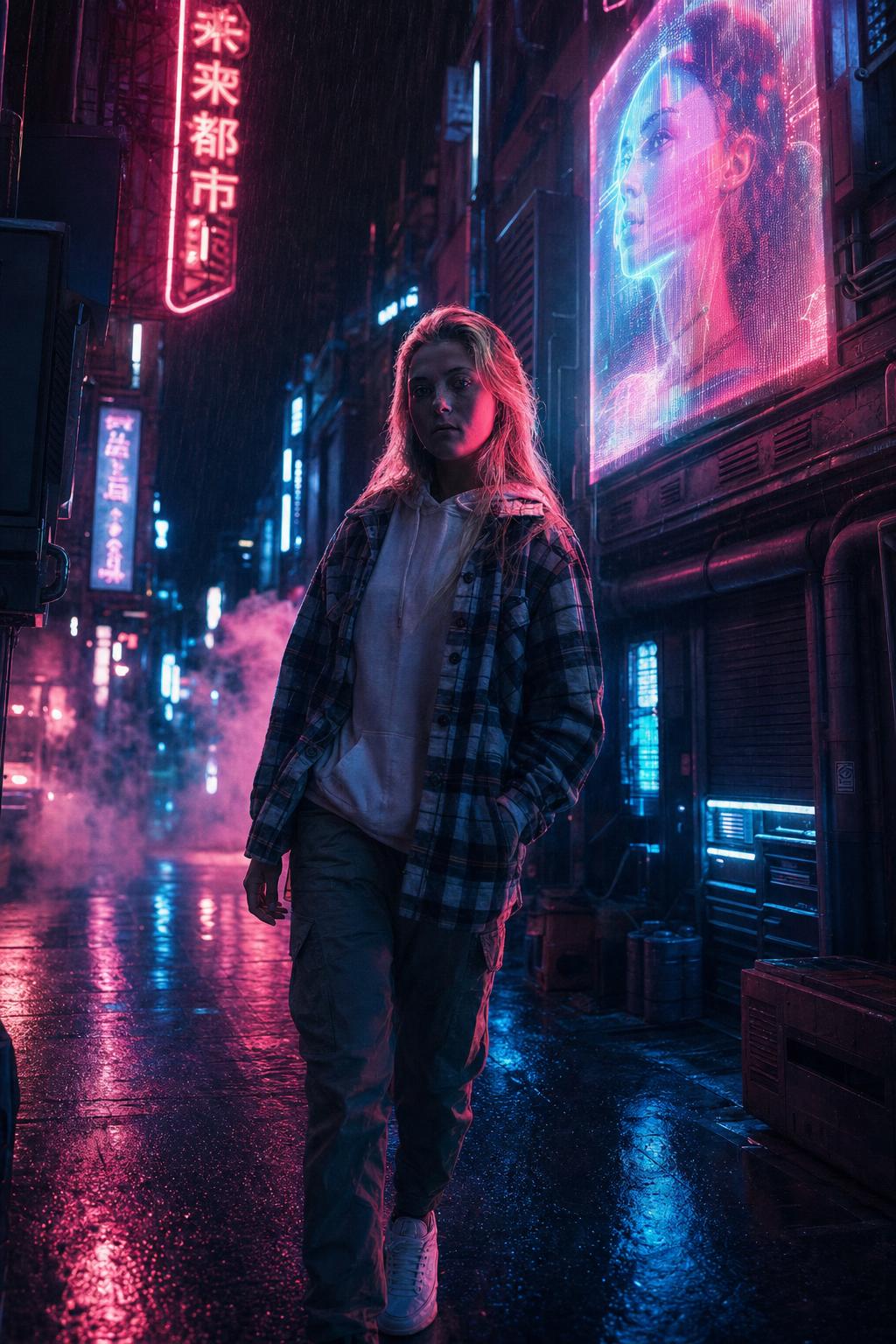 AI result created with Cinematic Cyberpunk Street Night Prompt example 1
