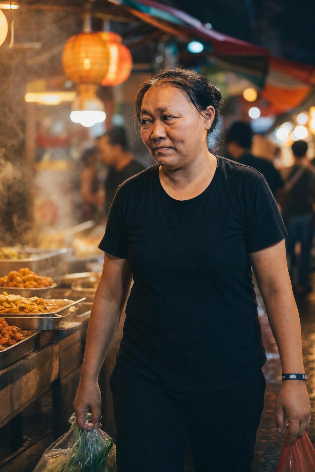 AI portrait result created with Street Food Night Market Portrait Prompt example 1