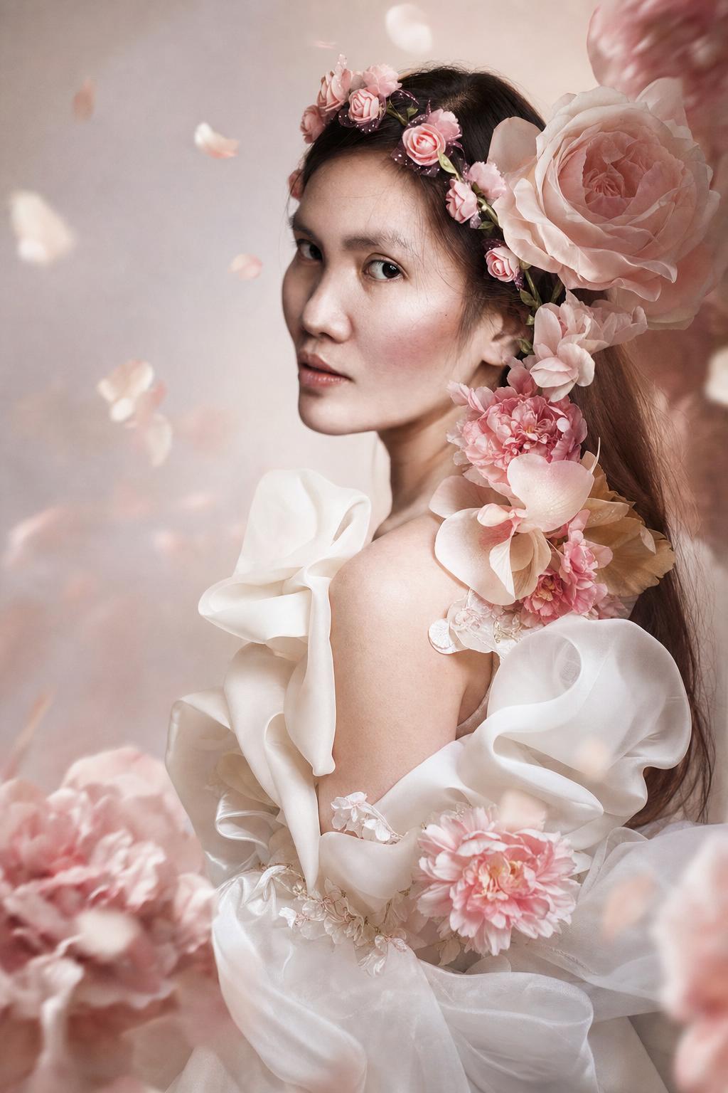 AI portrait result created with High-Fashion Floral Surrealism Portrait Prompt example 1