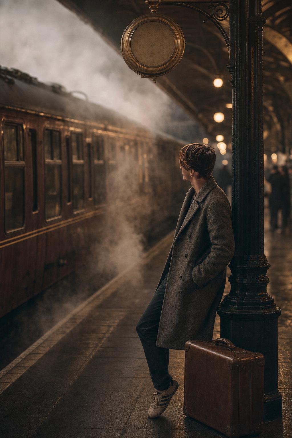 Vintage Train Station Traveler Portrait Prompt generated result example 2