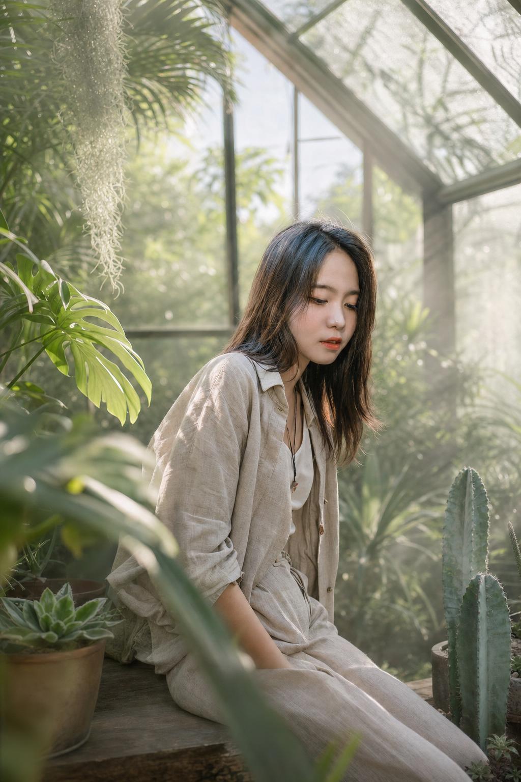 Botanical Greenhouse Editorial Portrait Prompt generated result example 2