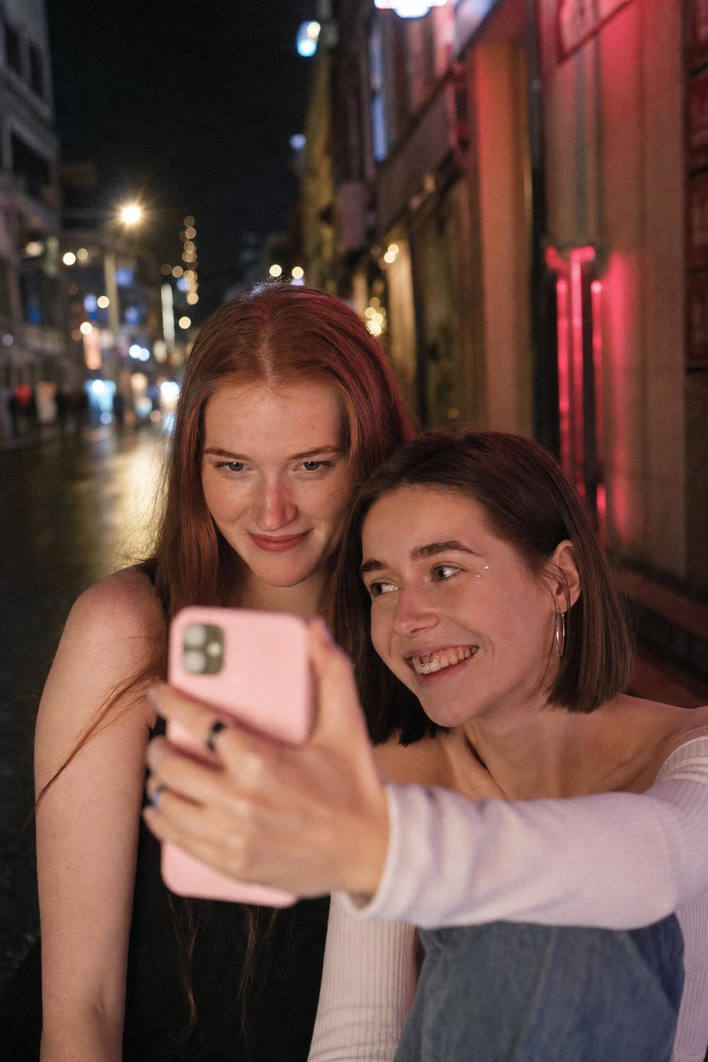 ChatGPT Night Street Neon Phone Selfie Prompt Example 1 after result