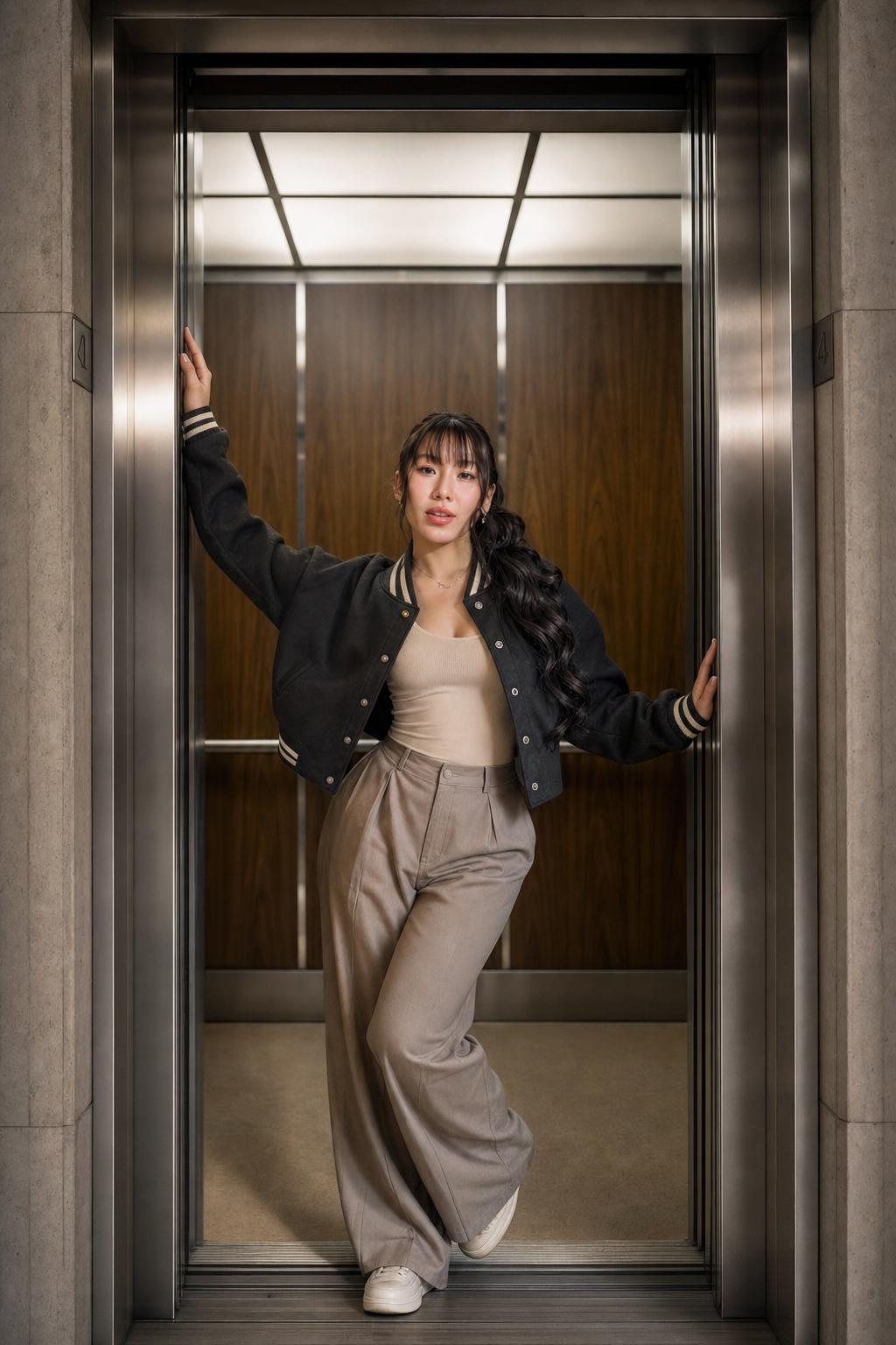 ChatGPT AI Selfie Prompt for a Realistic Elevator Varsity Jacket Portrait generated result example 3