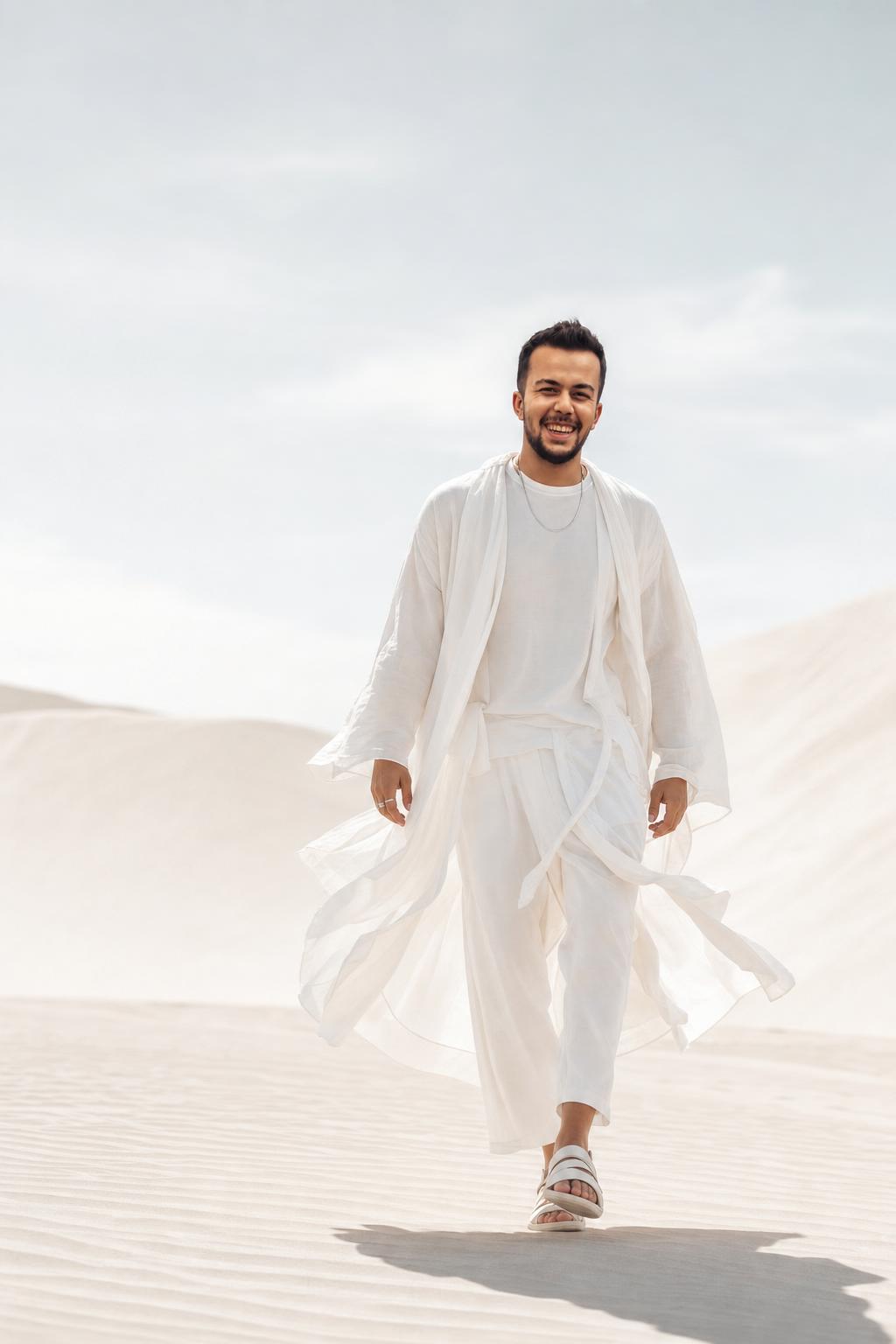 Desert Fashion Campaign in White Prompt generated result example 3
