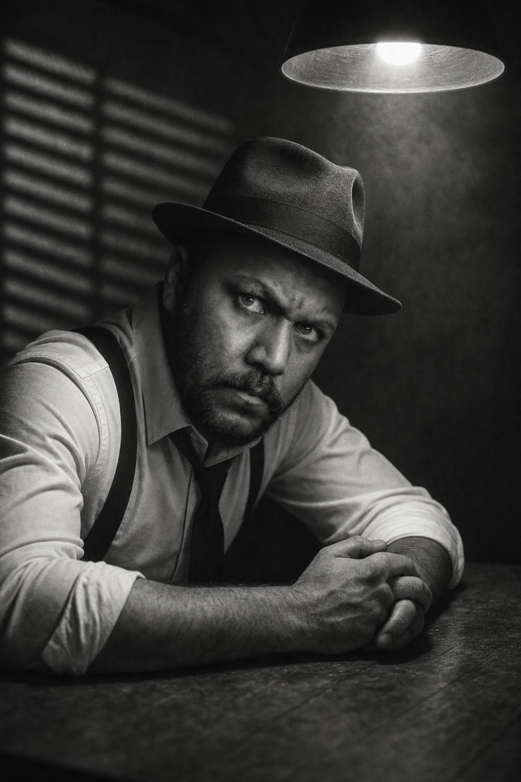 Noir Interrogation Room Portrait Prompt generated result example 2