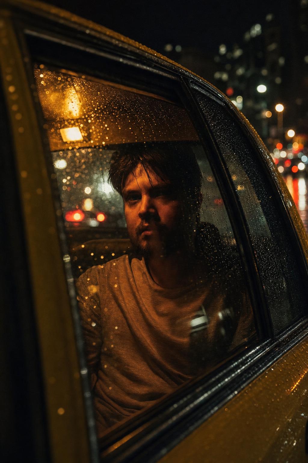 AI portrait result created with Rainy Taxi Window Cinematic Portrait Prompt example 1