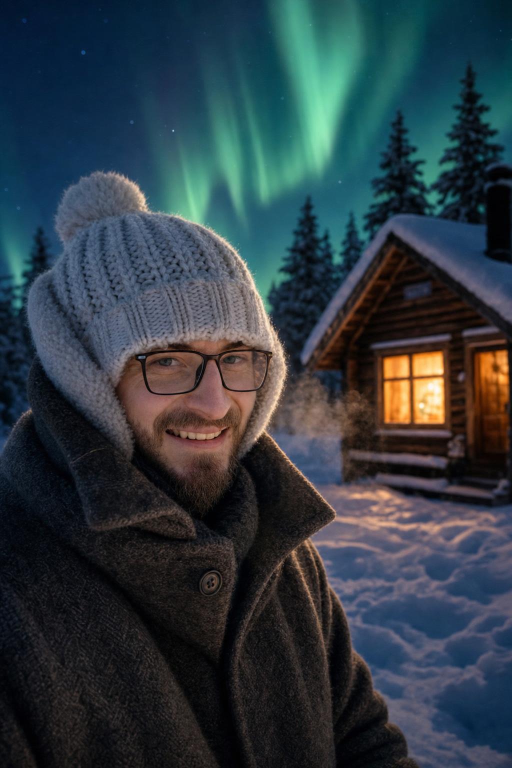 Aurora Snow Cabin Portrait Prompt generated result example 3