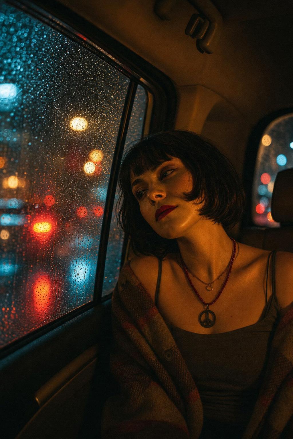 Rainy Taxi Window Cinematic Portrait Prompt generated result example 2