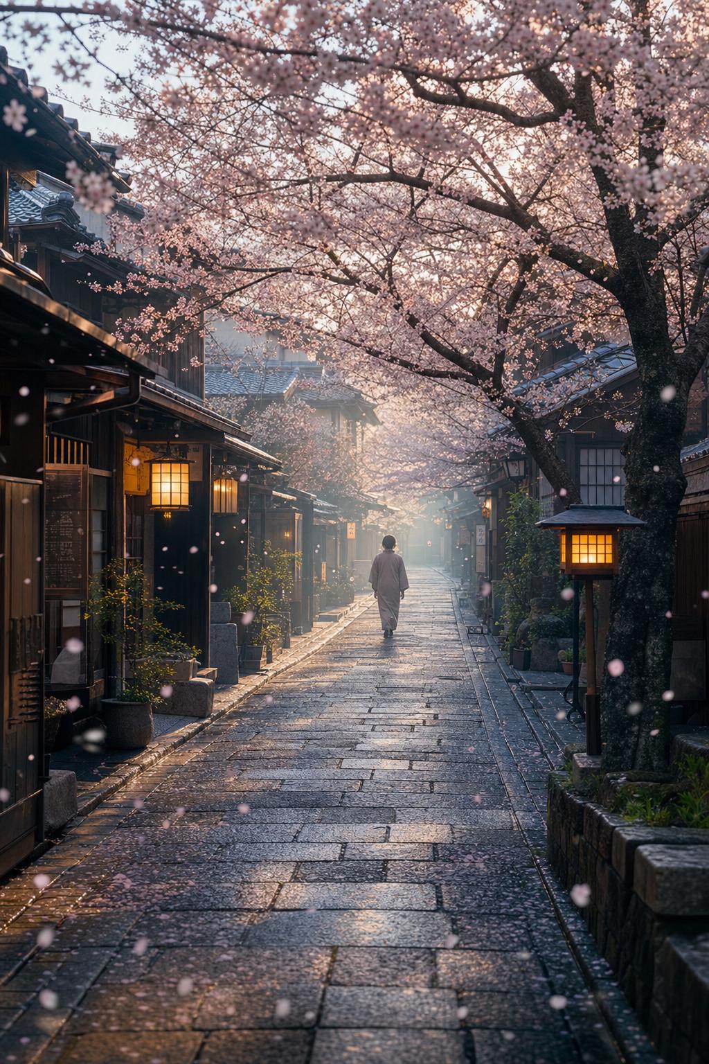 AI result created with Peaceful Japanese Sakura Street Prompt example 1