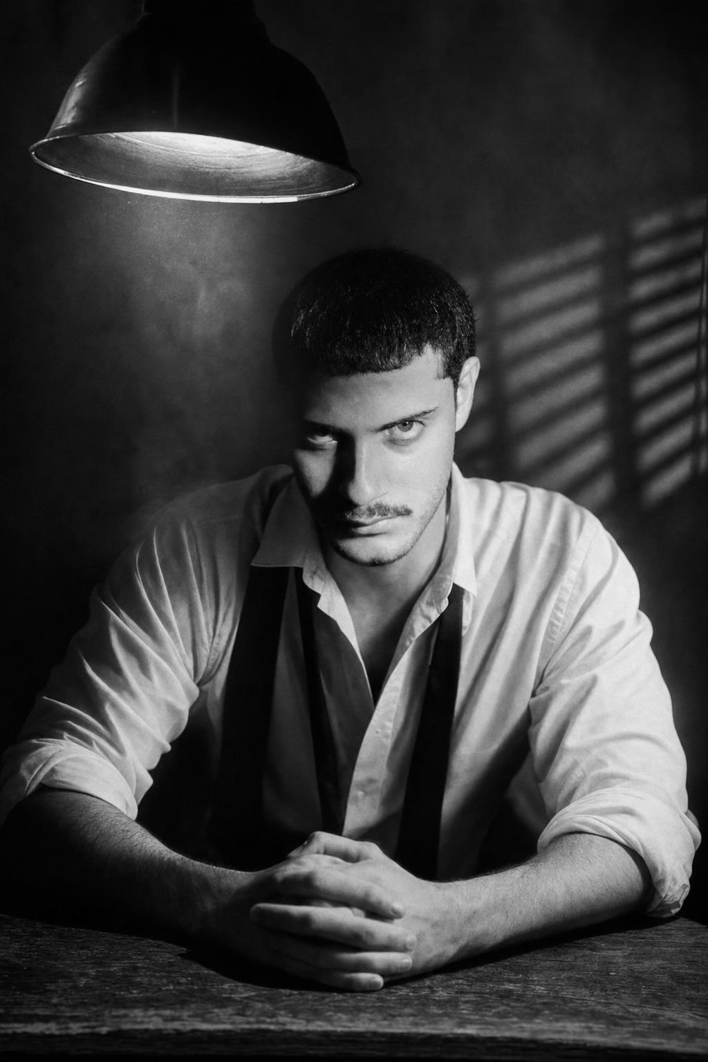 Noir Interrogation Room Portrait Prompt generated result example 3