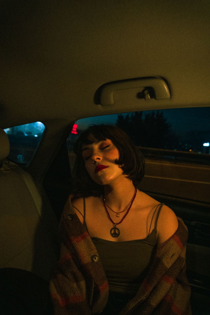 Rainy Taxi Window Cinematic Portrait Prompt stock source reference example 2