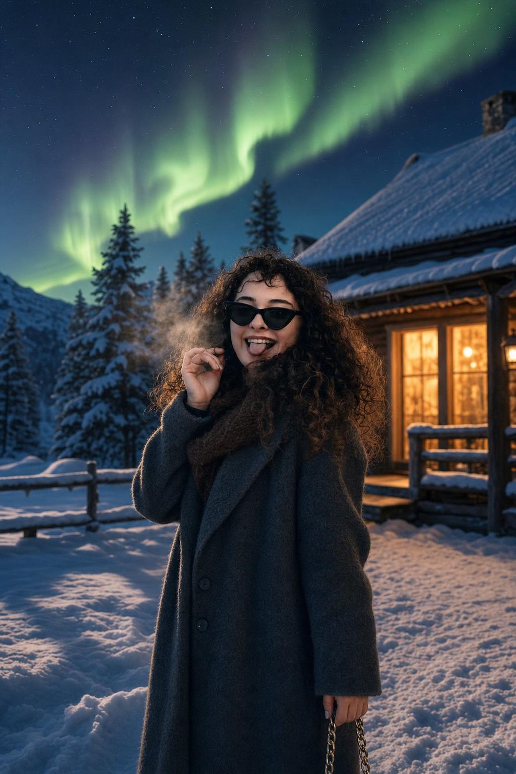 Aurora Snow Cabin Portrait Prompt generated result example 2