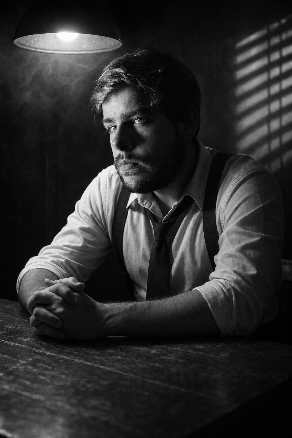 AI portrait result created with Noir Interrogation Room Portrait Prompt example 1
