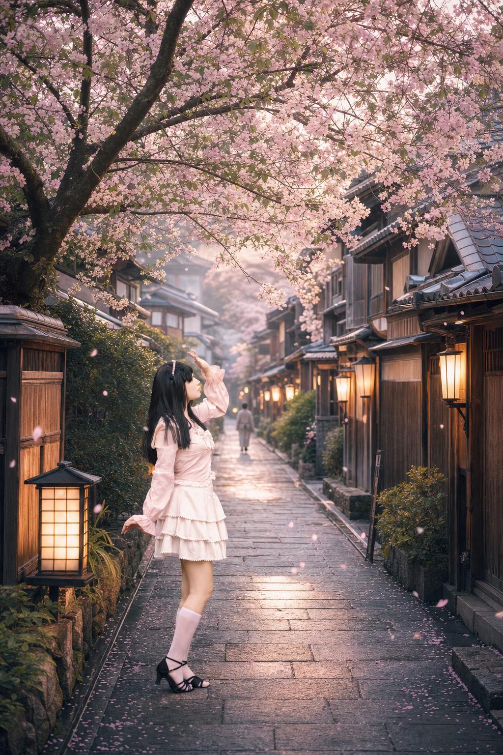 Peaceful Japanese Sakura Street Prompt generated result example 3