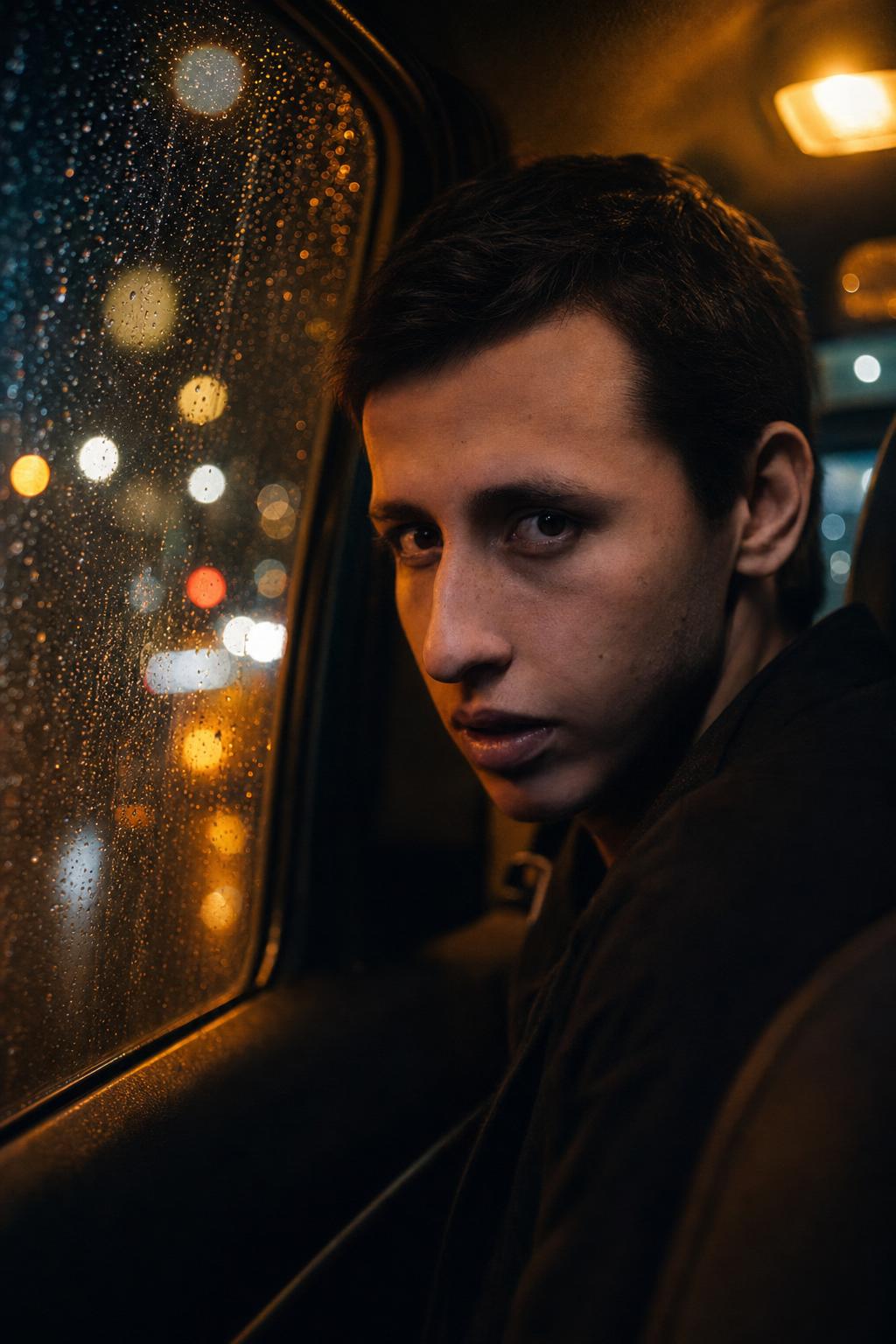 Rainy Taxi Window Cinematic Portrait Prompt generated result example 3