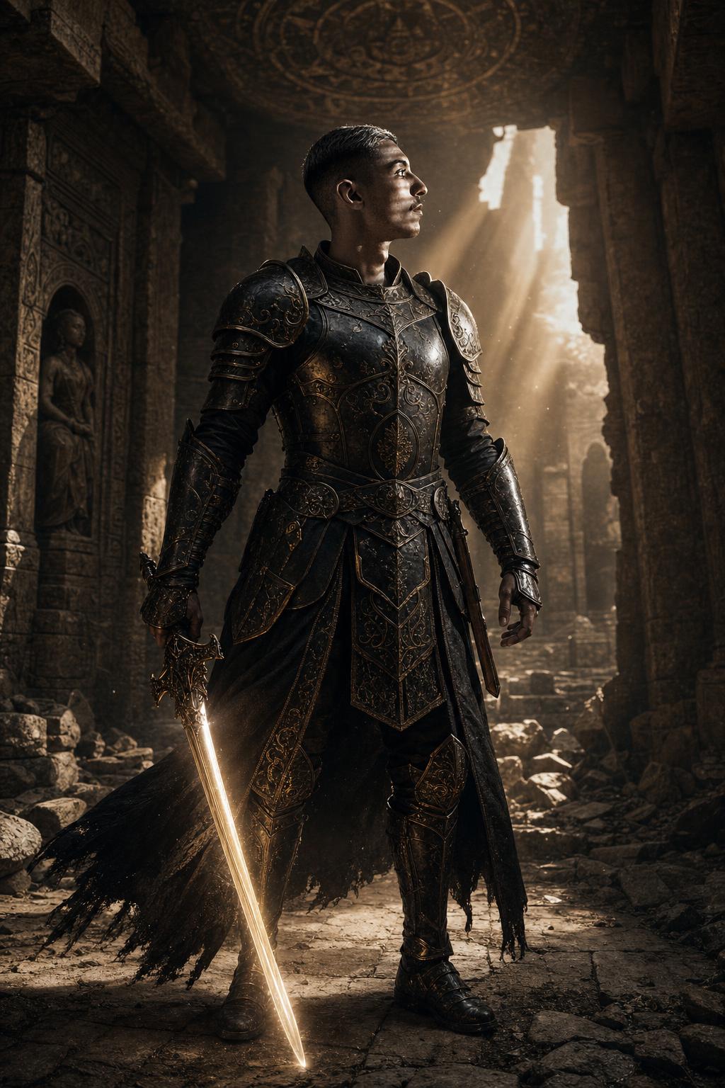 Fantasy Warrior in Ancient Temple Prompt generated result example 2
