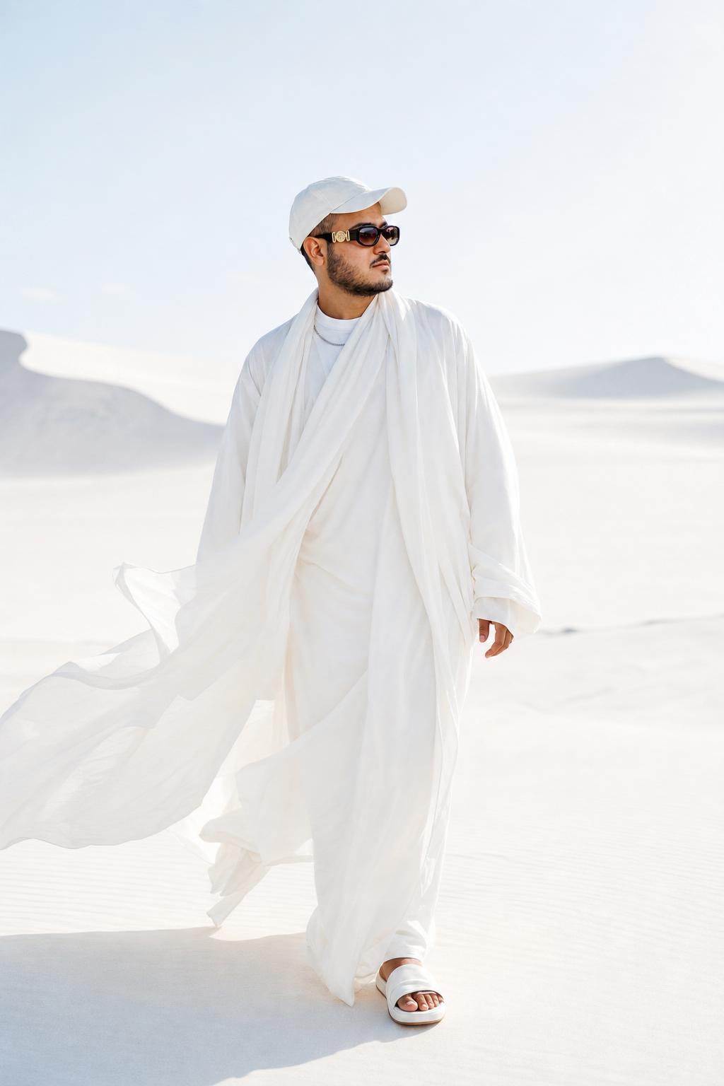 Desert Fashion Campaign in White Prompt generated result example 2