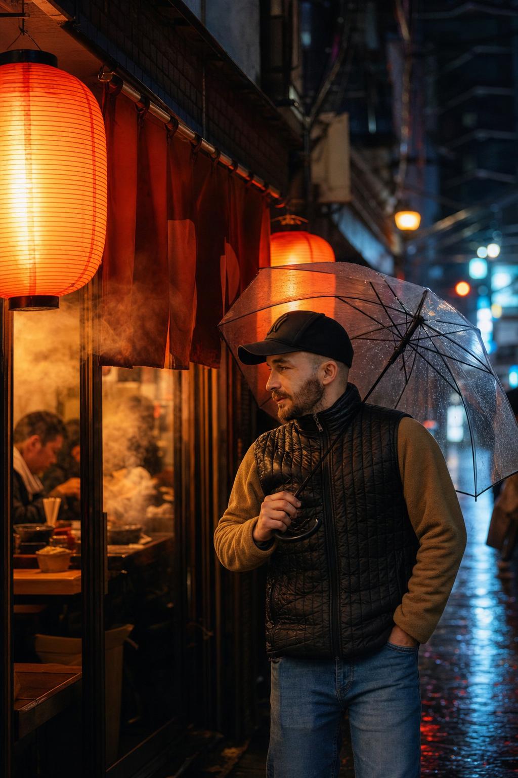 AI portrait result created with Neon Ramen Shop Street Portrait Prompt example 1