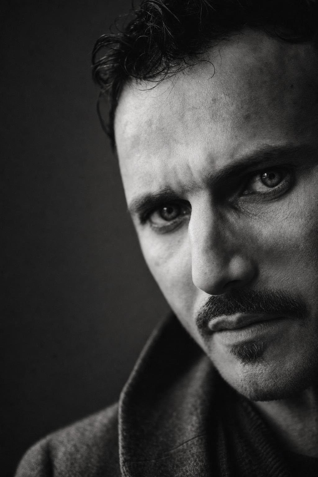 Monochrome Dramatic Male Studio Portrait Prompt for ChatGPT generated result example 3