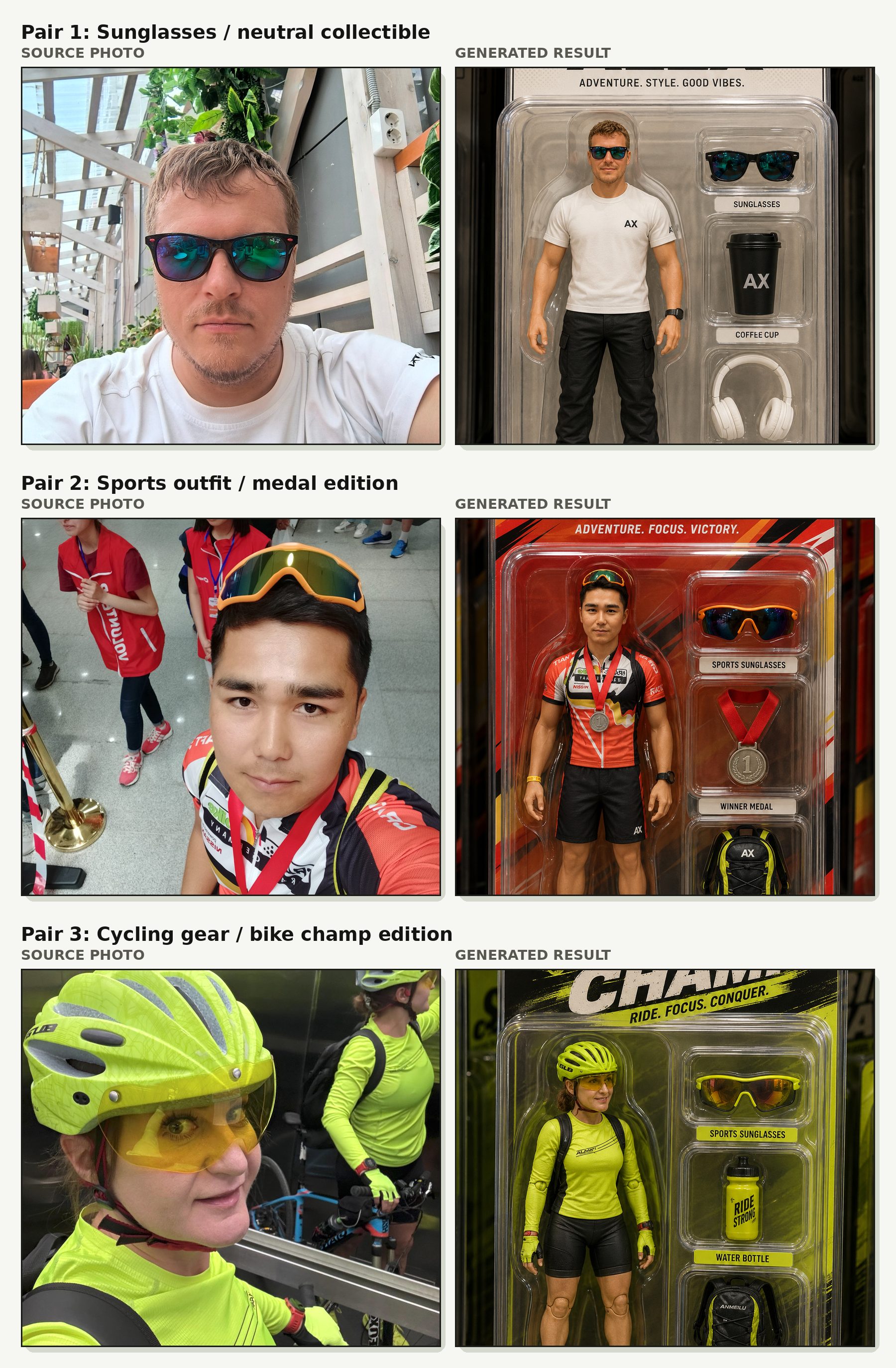 All three source photos and generated toy action figure blister pack results