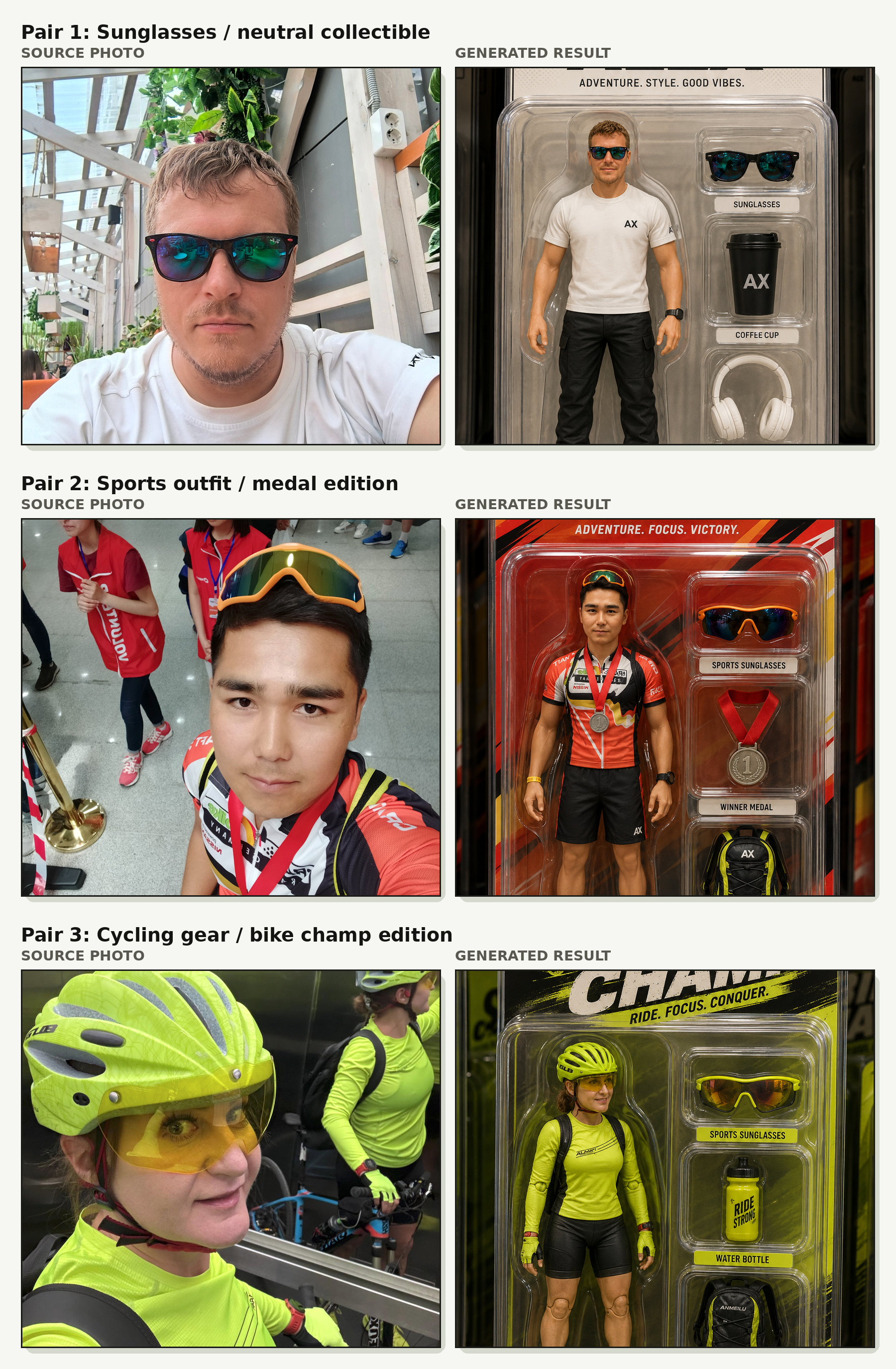 All three source photos and generated toy action figure blister pack results