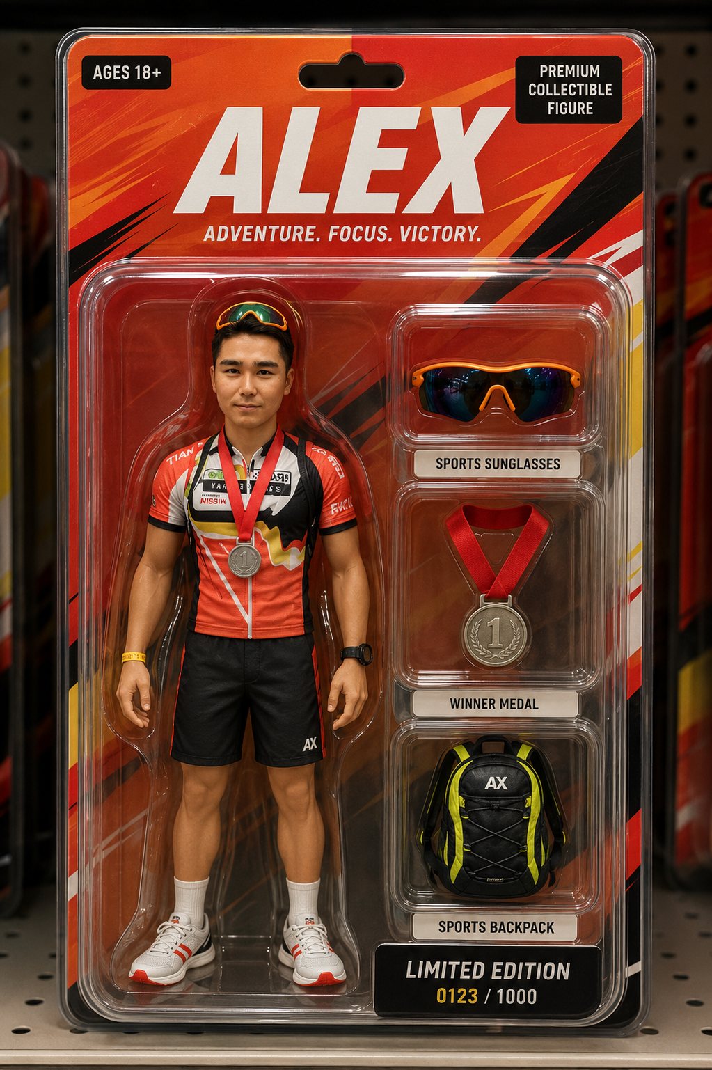 Generated red sports action figure blister pack