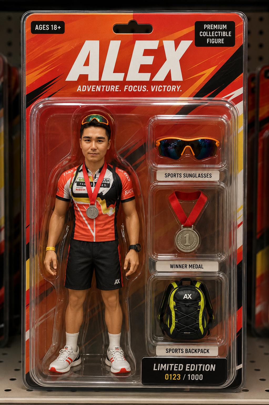 Generated red sports action figure blister pack